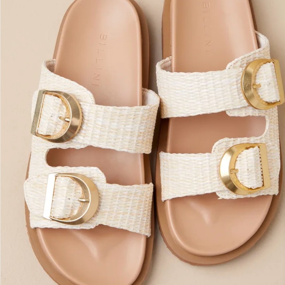Tayo Natural Raffia Buckle Slide Sandals.